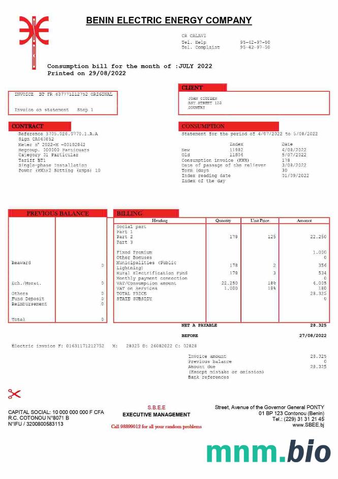 Benin Electric Firma Word i PDF rachunek za media template